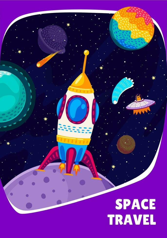 Space travel banner cartoon spaceship on planet vector