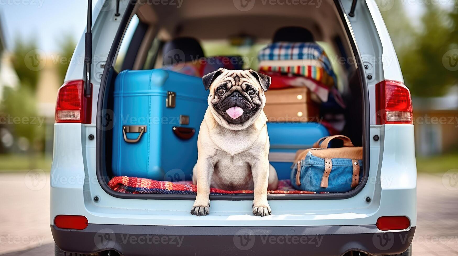 Cute dog sitting on luggage bags in car back , photo