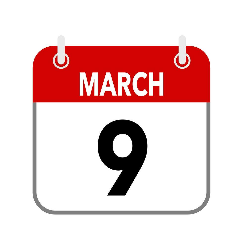 9 March, calendar date icon on white background. vector