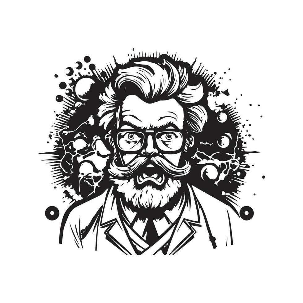 angry brilliant scientist, vintage hand drawn illustration vector