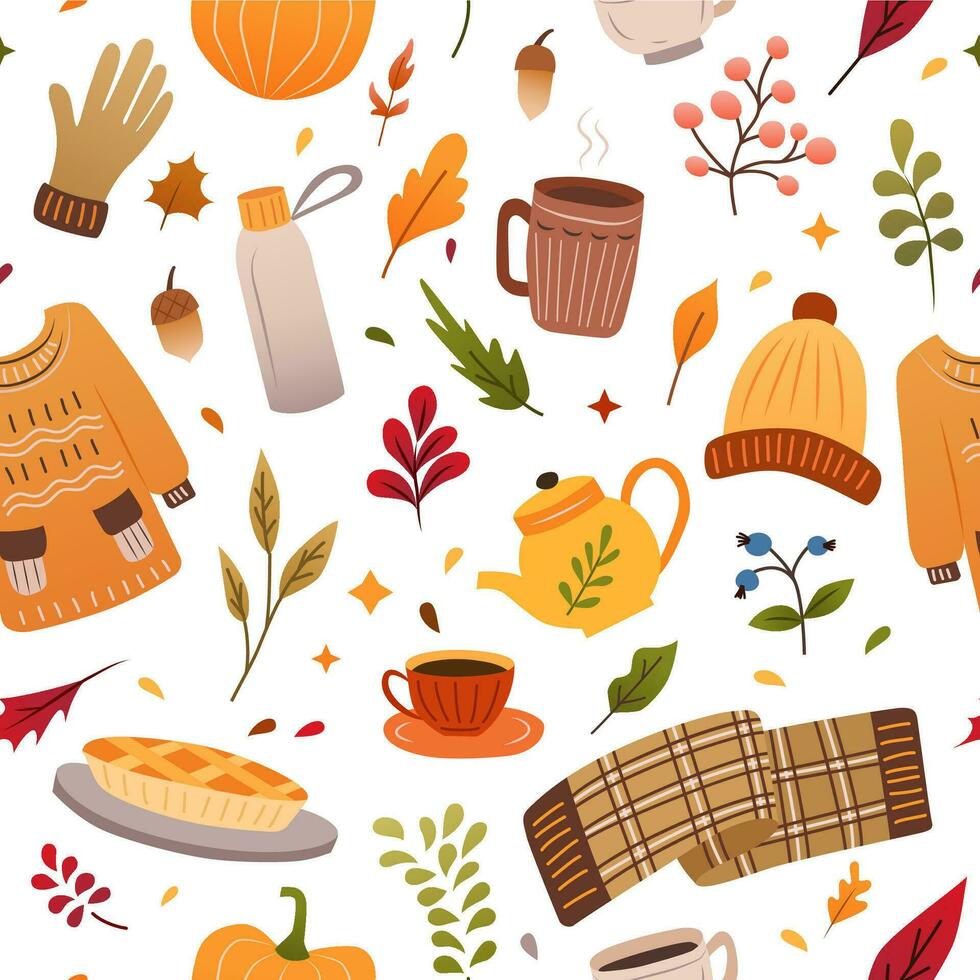 Autumn seamless pattern. Fall season autumn doodle elements. Hand drawn pumpkins, falling leaves, pie vector