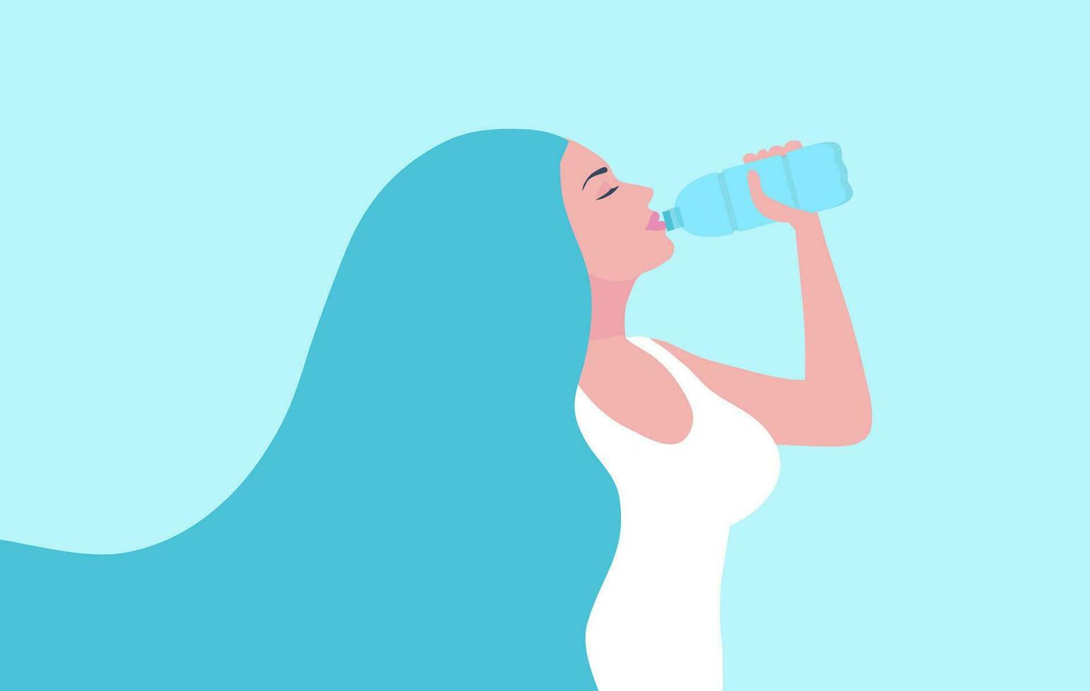 sano mujer Bebiendo agua desde el plastico botella vector ilustración. sano estilo de vida concepto