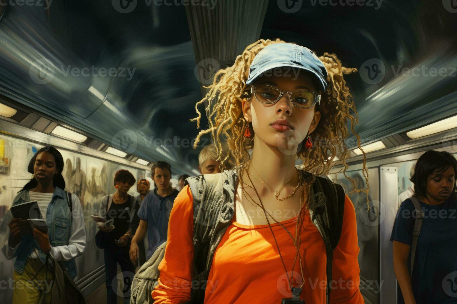 Portrait of young hipster woman on subway station . AI Generated photo
