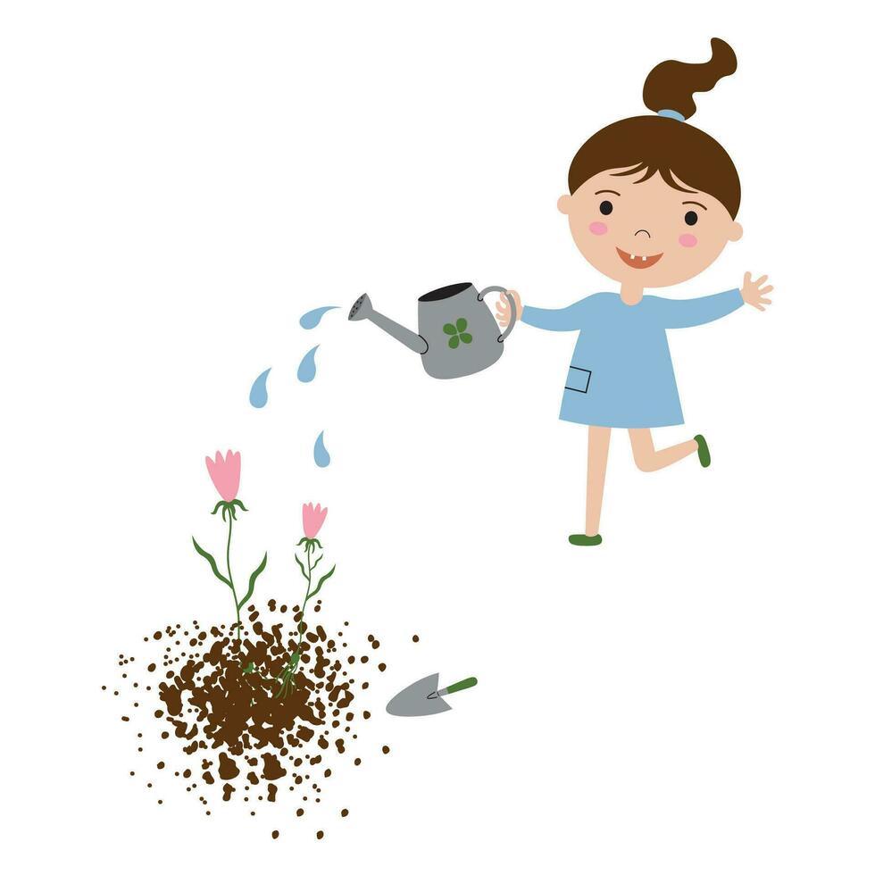 Girl joyful with a watering can watering the flowers in the vegetable garden hand drawn vector illustration on an isolated white background. Children and nature, gardening, child education. For design