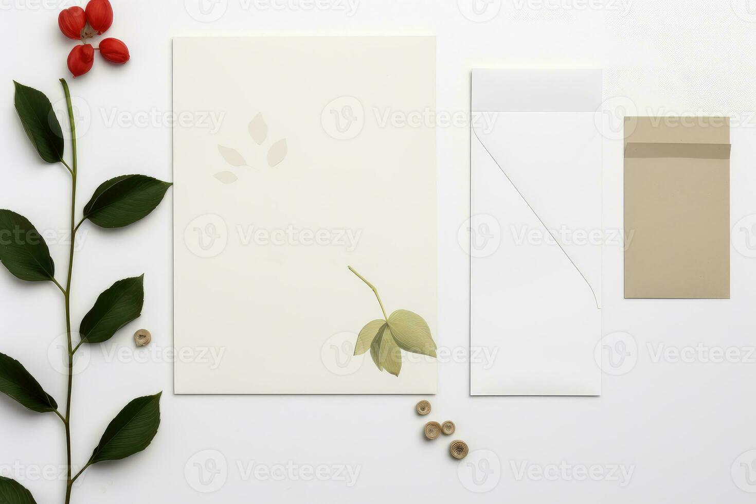 Wedding Invitation Cards Papers Laying on Table Decorate With Leaves, AI Generated photo