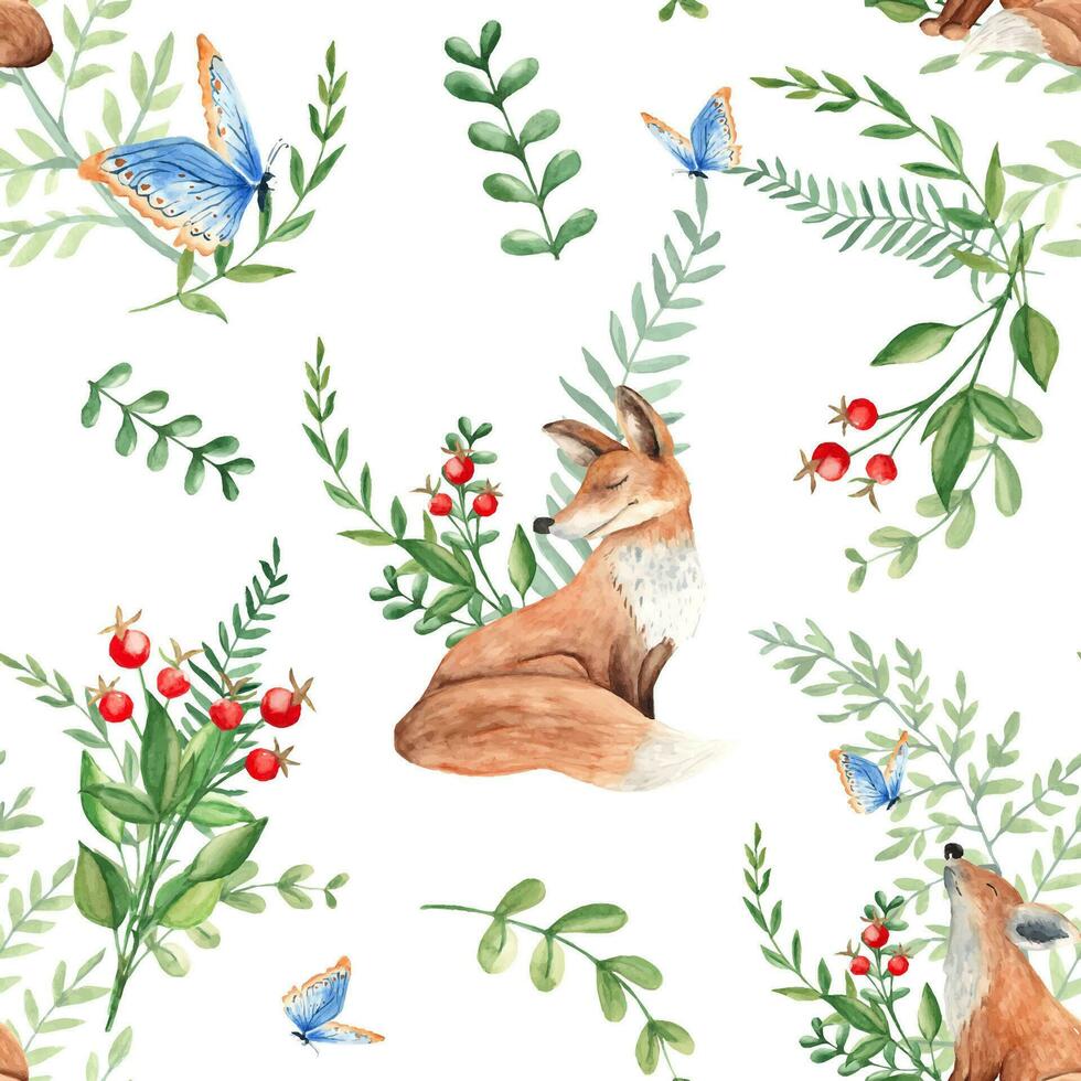 Seamless watercolor pattern with mother and baby fox, green leaves and red berries, fern, branches, blue butterfly. Botanical summer hand drawn illustration. Can be used for gift wrapping paper vector