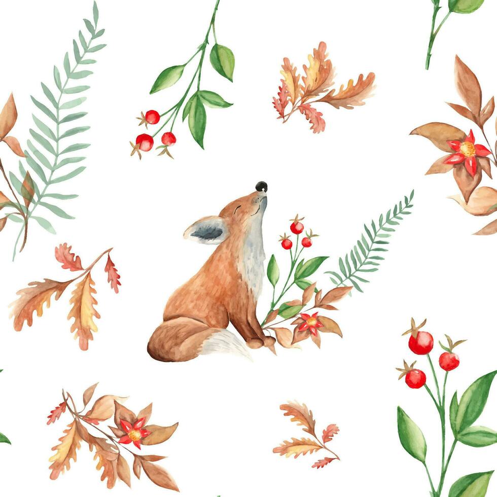 Seamless watercolor pattern with cute baby fox, oak leave, red berries and branch with red flower. Botanical hand drawn illustration. Can be used for gift wrapping paper, kitchen textile. vector