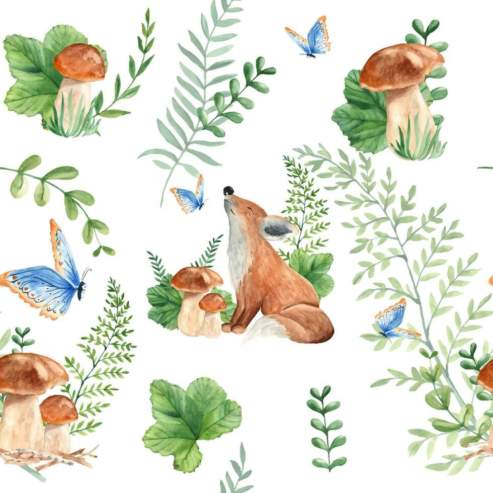 Seamless pattern with cute baby fox, mushrooms, green plants and butterfly. Watercolor hand drawn illustration on white background. Ideal for kids wallpaper, wrapping paper, fabric and textile design. vector