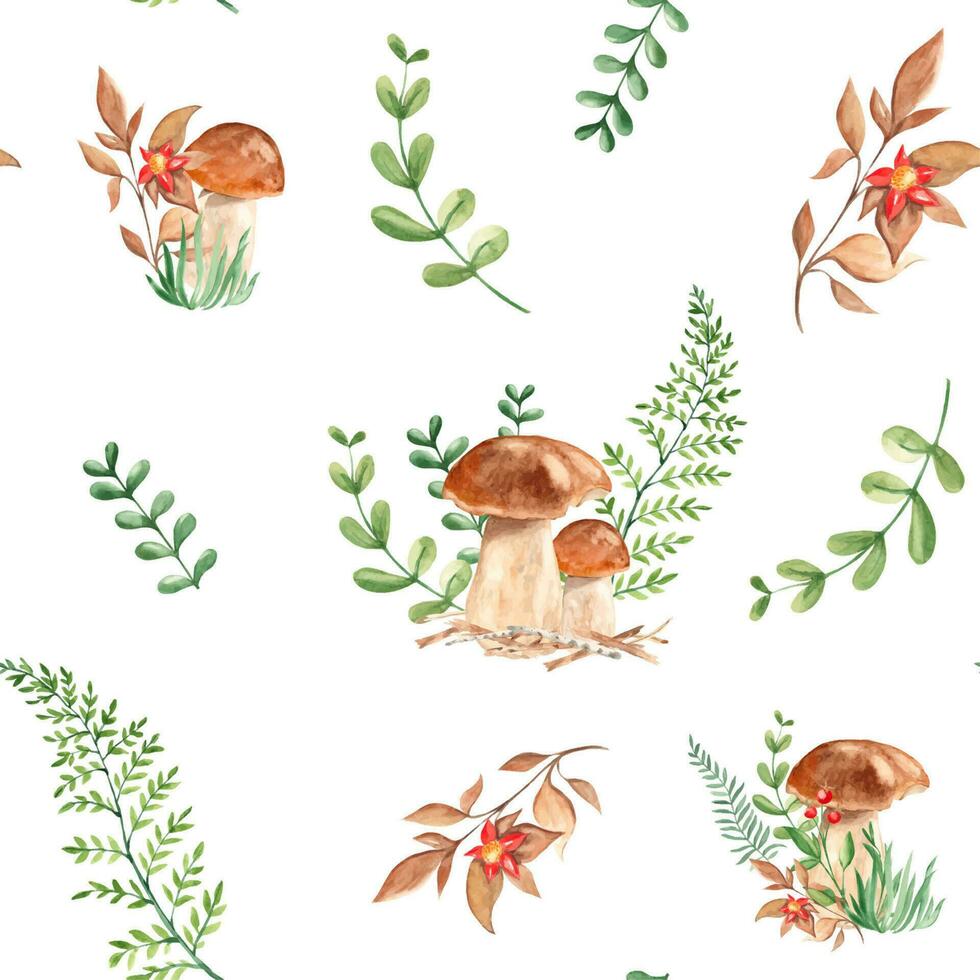 Seamless watercolor pattern with porcini mushrooms, fern, green branches and red flower. Botanical summer hand drawn illustration. Can be used for gift wrapping paper, kitchen textile vector