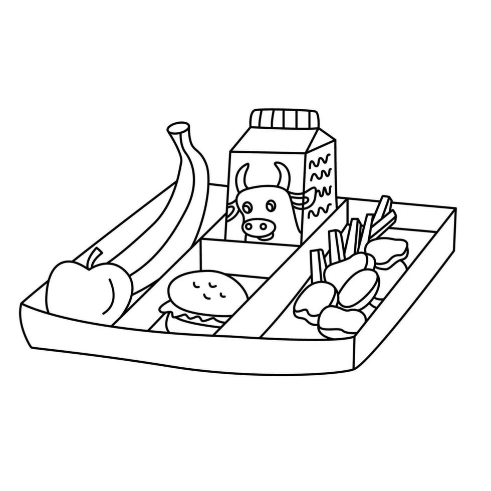 School lunch on a tray hand drawn doodle illustration black outline. Back to school theme element vector