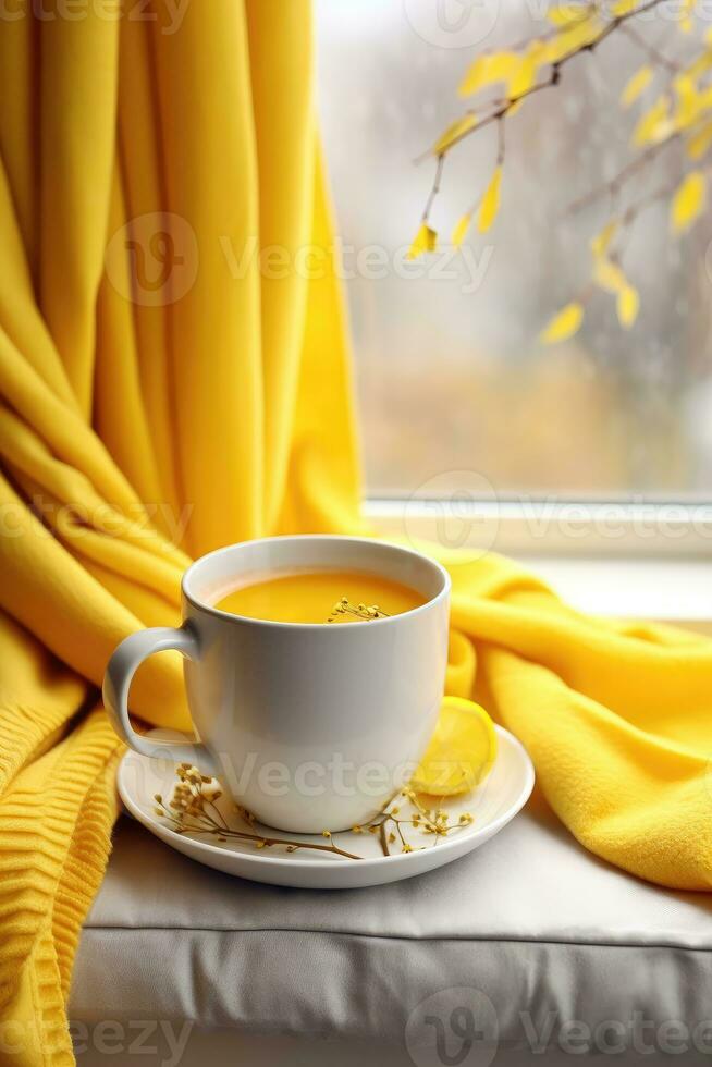 Cup of hot tea on window, yellow plaid and curtain , rain outside. AI Generated photo