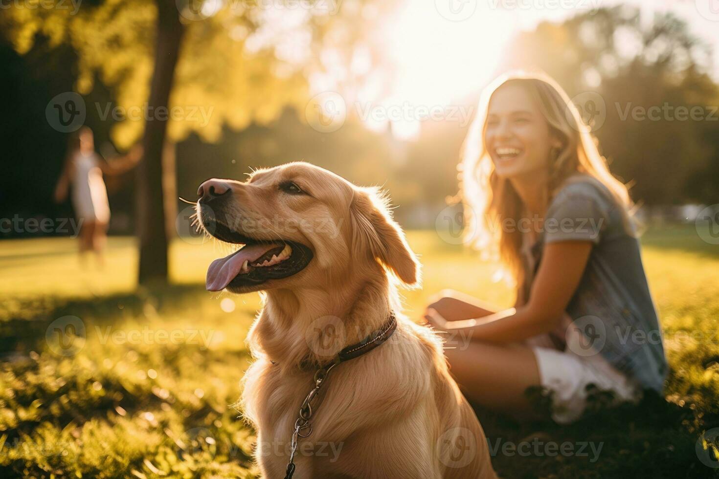 Lifestyle portrait. laughing woman and her dog lying on the drass together, top view, AI Generated photo