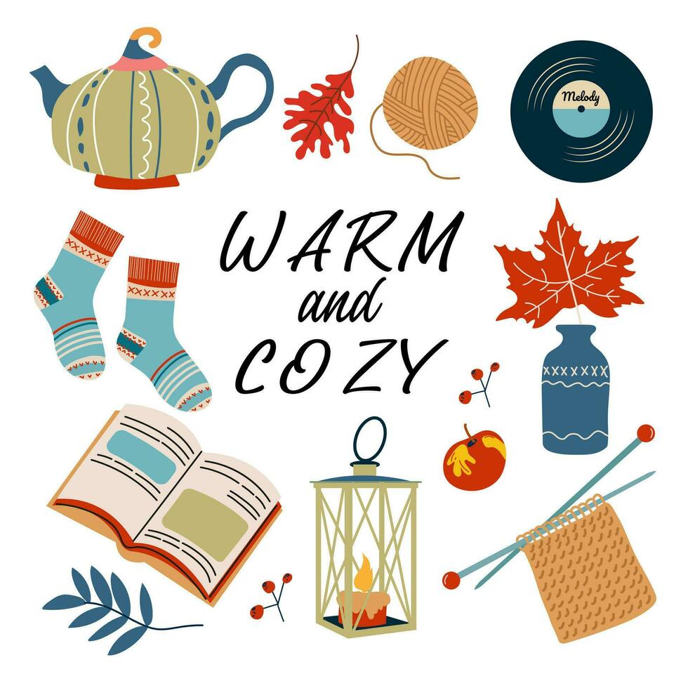 Warm and cozy. Autumn or winter mood. Illustration with cute things and objects for home interior, books, socks, candle,knitting. Comfortable lifestyle. vector