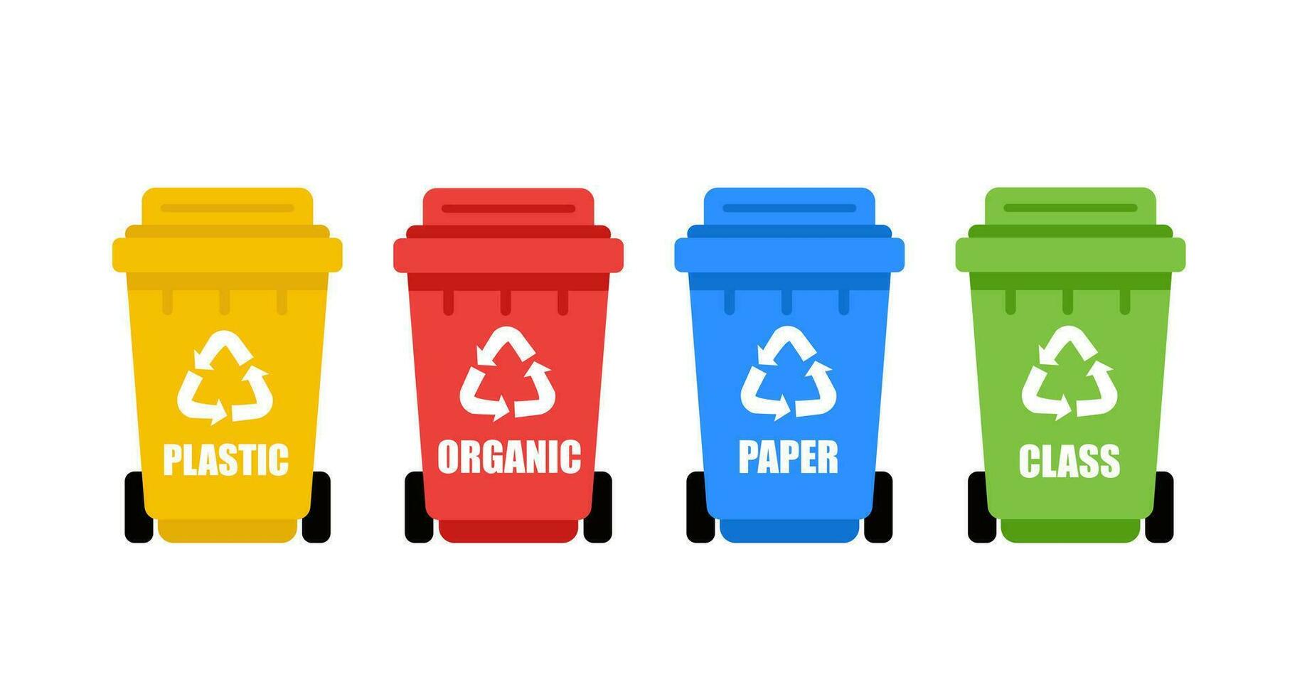 Garbage cans for organic, paper, plastic, glass waste on white background. Colorful recycle plastic bins. Different colored recycle waste bins. vector