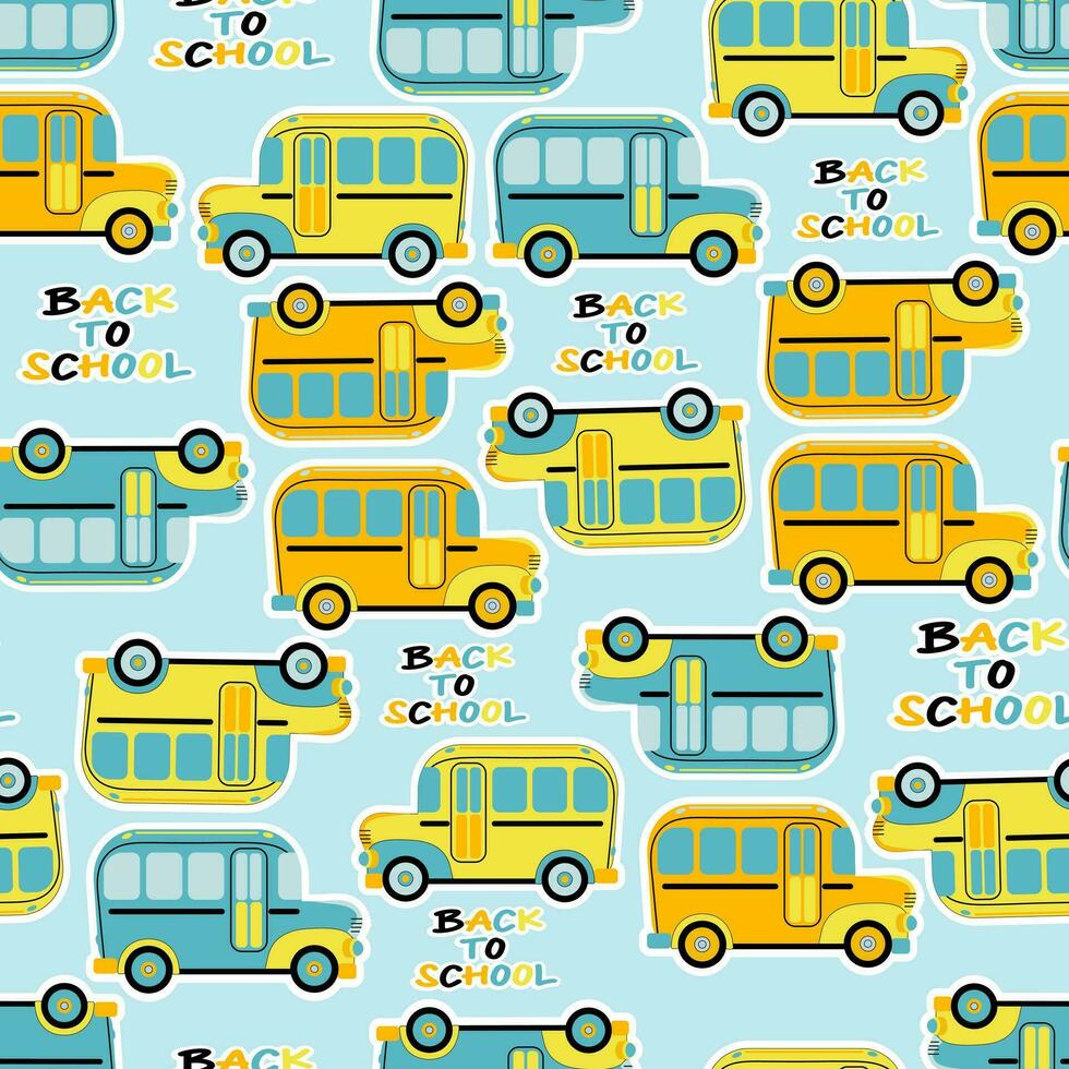 Back to school. Seamless pattern with school bus on a blue background. Endless tileable vector illustration.