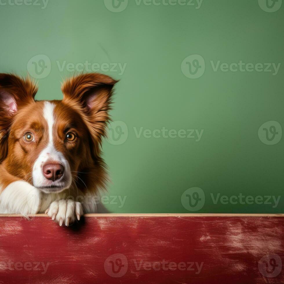 Portrait of a cute border collie puppy looking around the corner of an lime green empty board, AI Generated photo