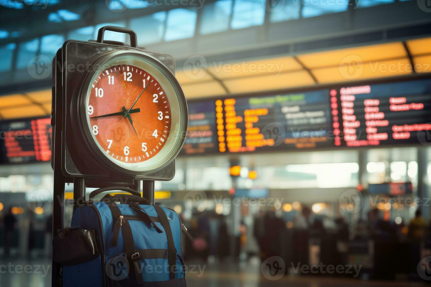 departure lounge in airport, closeup of clock showing time, AI Generated photo