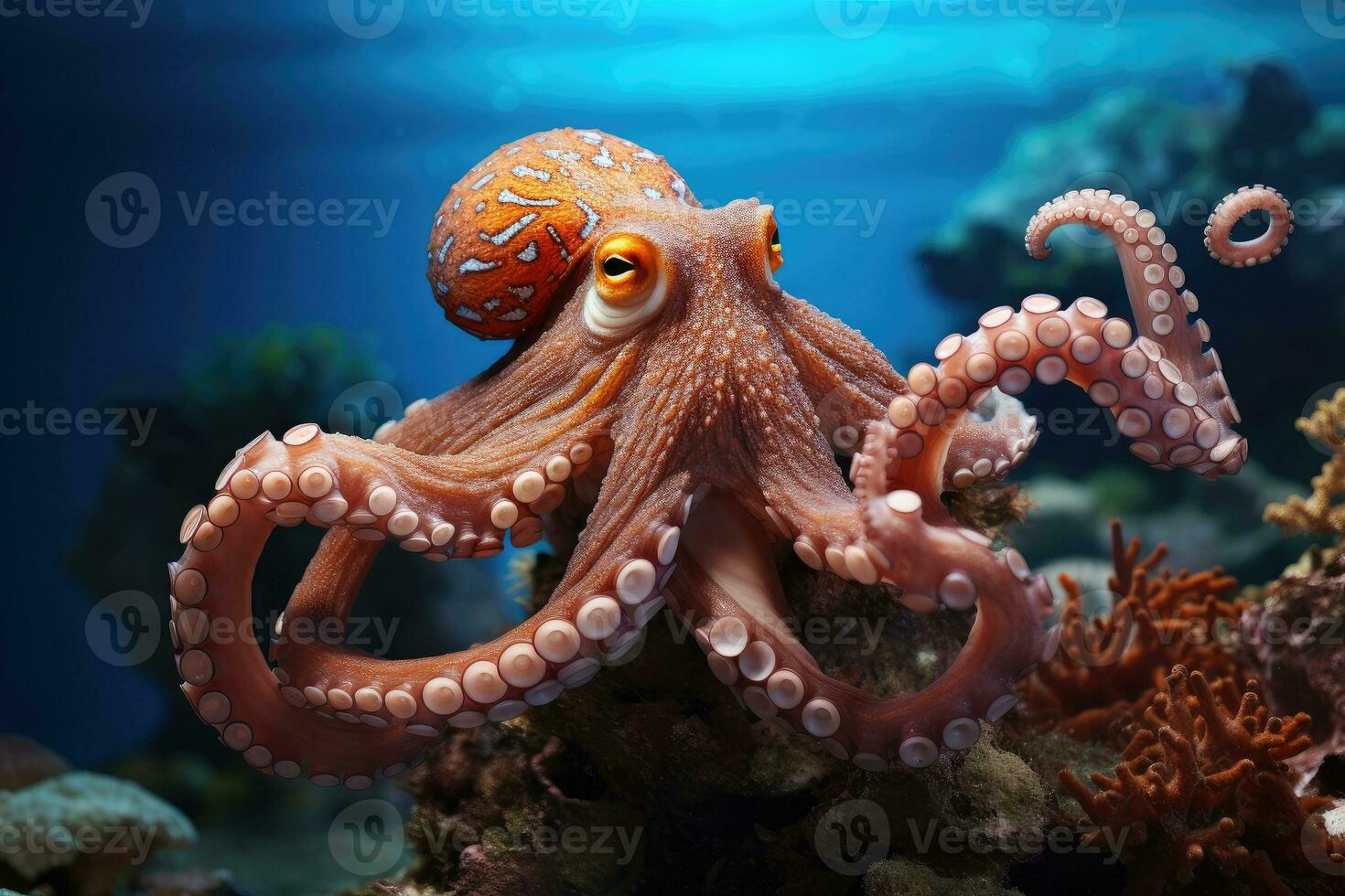 colorful octopus on a coral reef, underwater . AI Generated photo