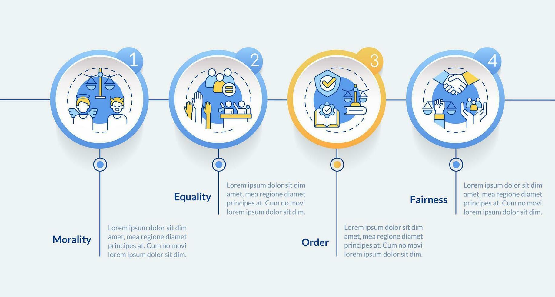 Law and justice ideas blue circle infographic template. Data visualization with 4 steps. Editable timeline info chart. Workflow layout with line icons vector