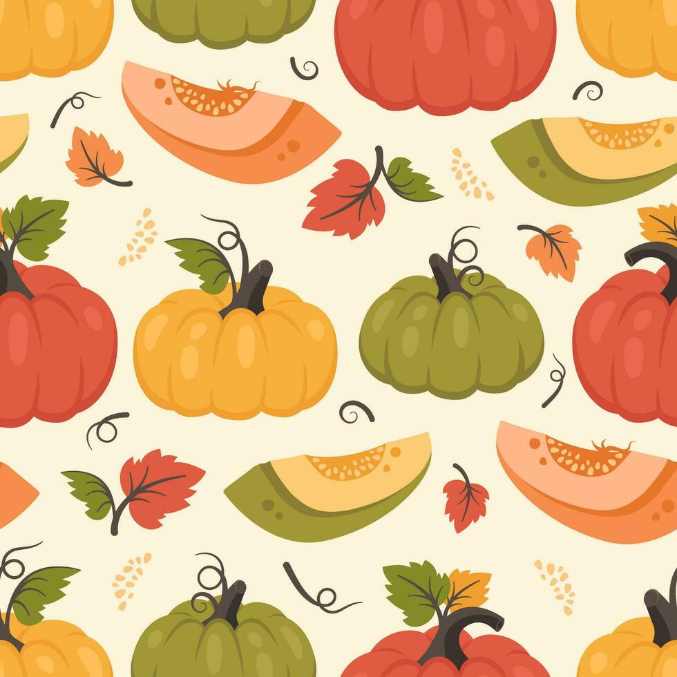 Pumpkin seamless pattern. Autumn background with whole pumpkin and half, leaves, seeds.Thanksgiving day. Seasonal harvest. Vector illustration for wallpapers, textile, notebooks, wrapping paper,print