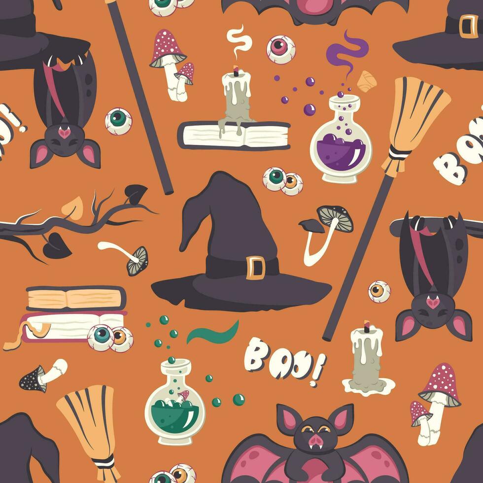 Seamless Halloween pattern. Repeated pattern on orange background with witch's hand, bat, broom, magic brew, spell book, mushrooms. Vector illustration for print, wallpaper fabric, wrapping