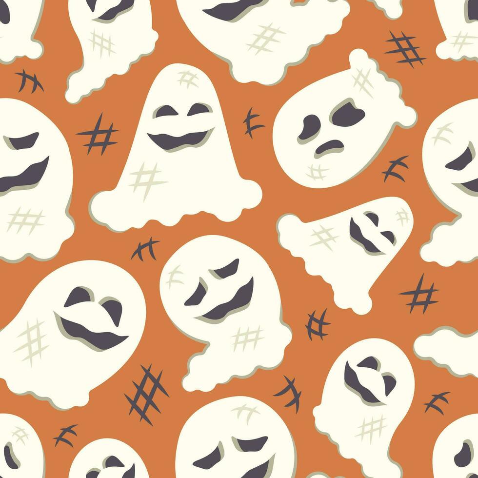 Halloween Seamless pattern. Repeated holiday print. Hand drawn doodle character. Cute spooky ghosts. Autumn holiday of dead. Printable texture background for wrapping, print.Vector  illustration vector