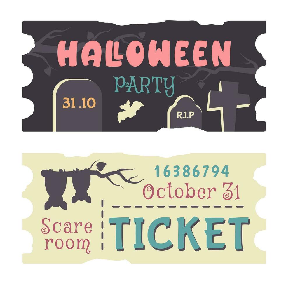 Set of Halloween holiday tickets isolated. Different color hand drawn template of coupon. Spooky cemetery, tomb, silhouette of bat, moonlight. Autumn holiday of dead. Vector cartoon illustration