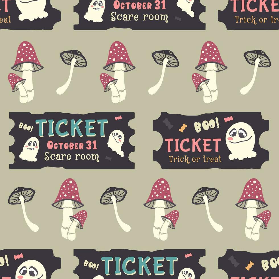 Halloween Seamless pattern. Holiday background. Hand drawn doodle ticket with cute spooky ghost, mushrooms, fly agaric. Autumn holiday of dead. Vector Cartoon illustration for print, wrapping paper