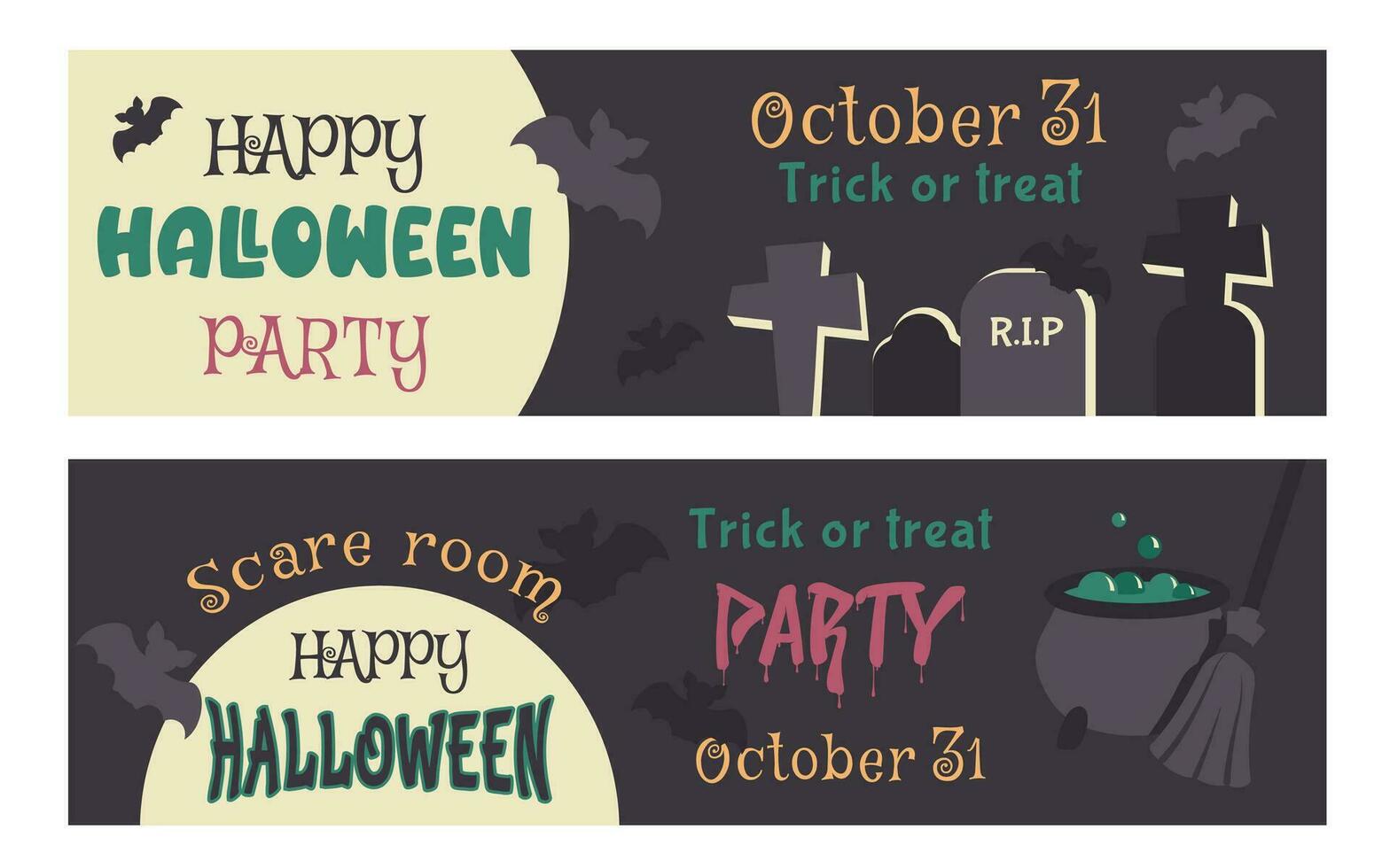 Happy Halloween party. Set of horizontal flyer, poster, invitation with color text. Hand drawn cartoon moon, silhouette of bat, witch potion cauldron, spooky cemetery. Vector illustration