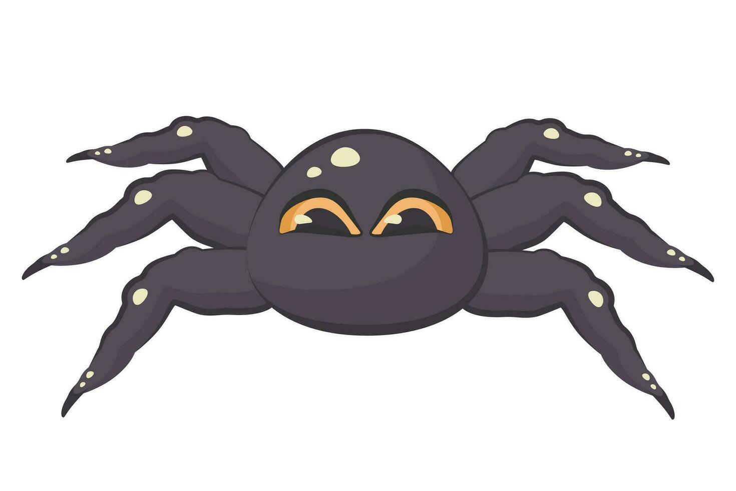 Cartoon hand drawn black spider Isolated. Cute doodle tarantula closeup. Scary exotic insect with yellow eyes. Vector flat illustration for Halloween, print, insect advertising, learning arachnids