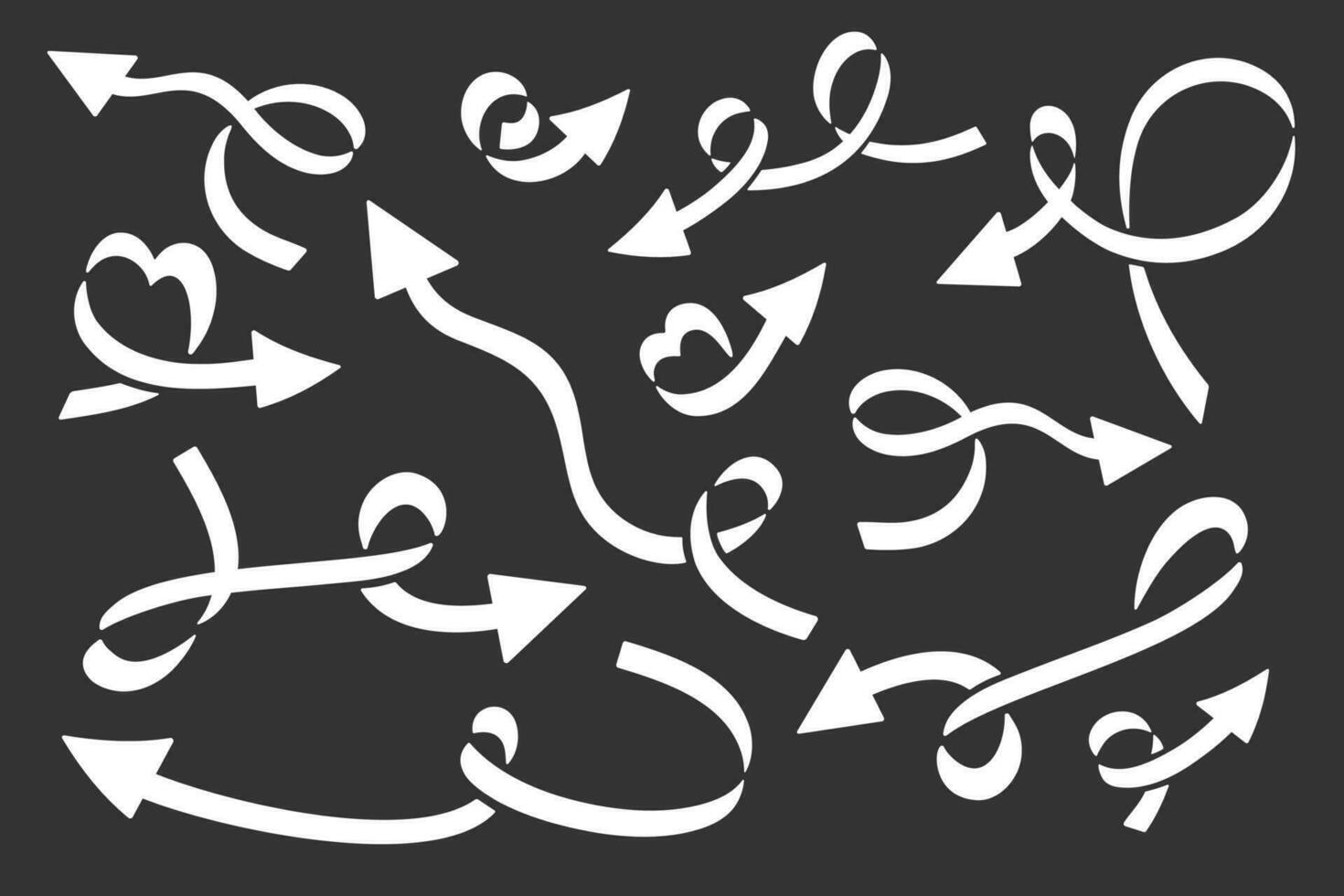 Set of white black hand drawn doodle arrow isolatedon black background. Vector arrow icon. Creative curved lines, pointers, decorative elements. Simple signes for business infographic, web application
