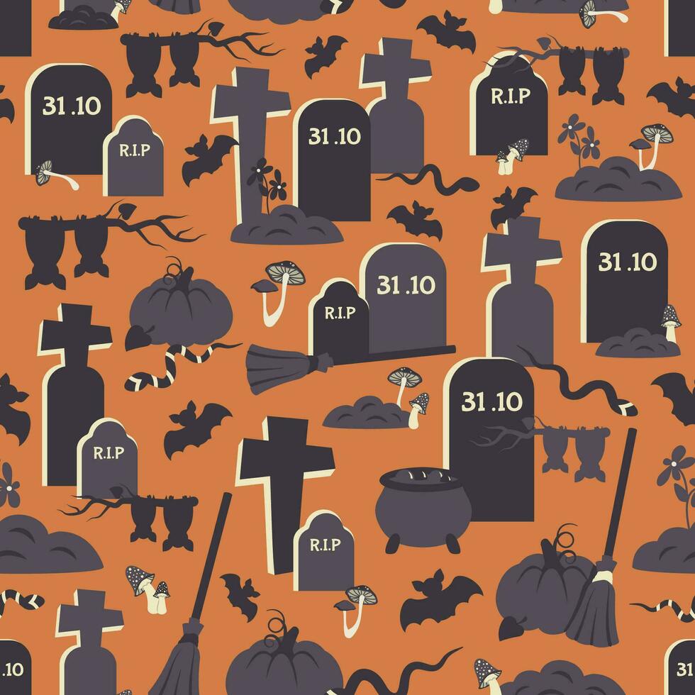 Halloween Seamless pattern. Spooky creepy cemetery Doodle hand