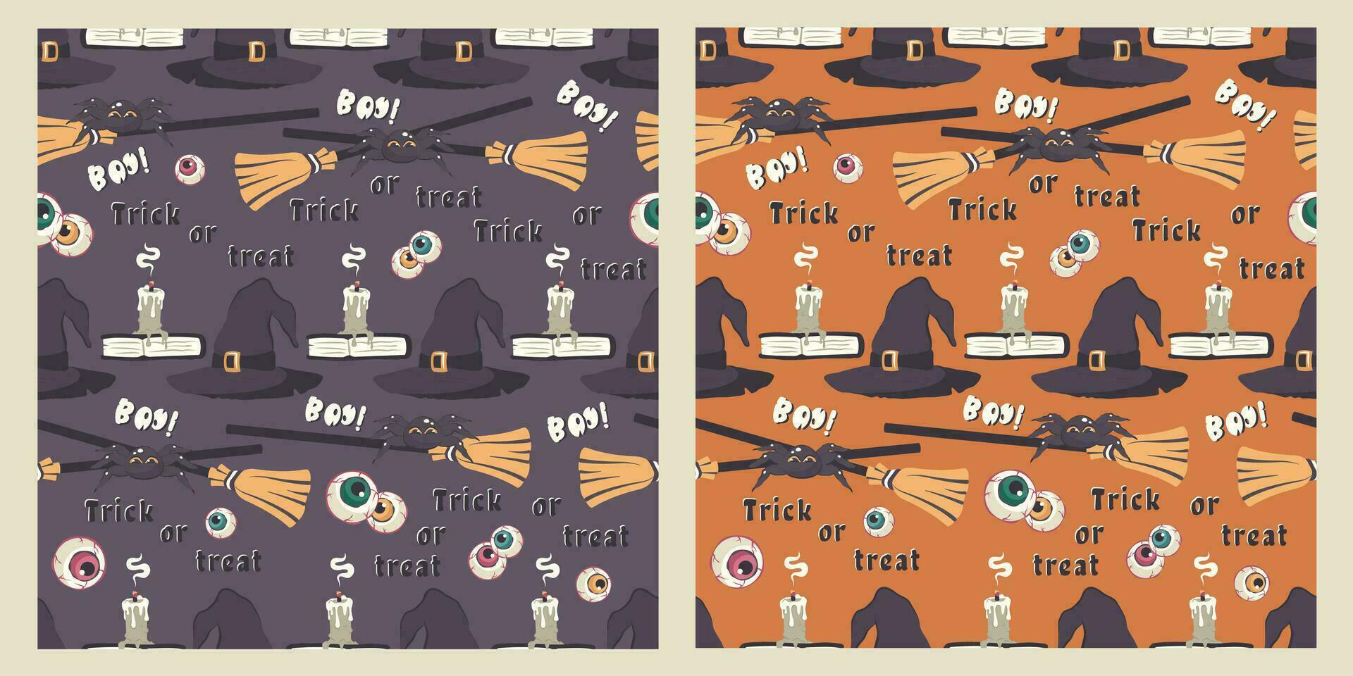 Happy Halloween. Set of Seamless patterns with hand drawn magic book, spider, broom, witch's hat, candle, spooky creepy eyes. Autumn holiday. Printable texture background. Vector Cartoon illustration