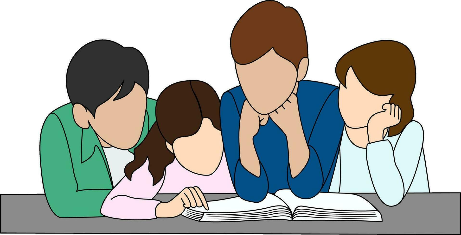 Four primary school children reading a big book together and having fun. Kids Enjoy Reading Together. Four Children Dive into a Book. Cartoon style illustration. vector