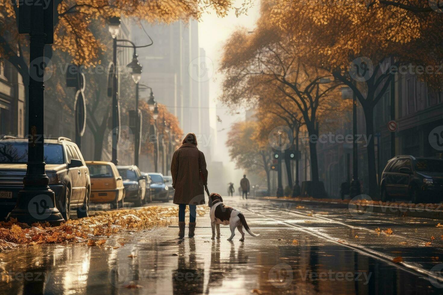 young man walking dog in the city in autumn day, AI Generated photo