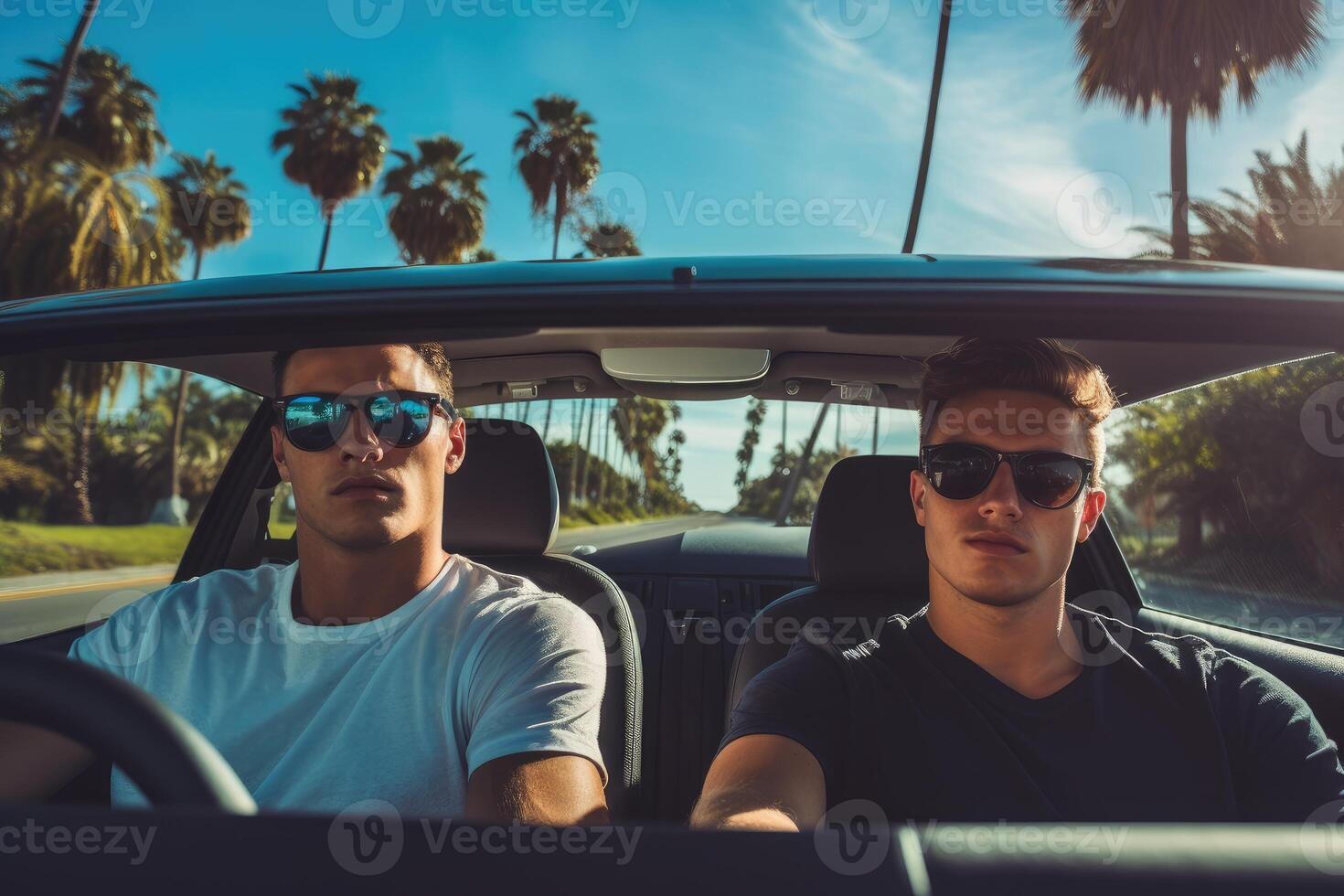 Two friends in car driving on road, having road trip, palm trees around. photo