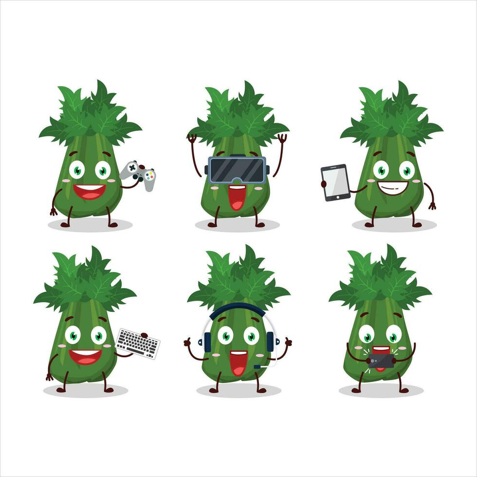 Celery cartoon character are playing games with various cute emoticons vector