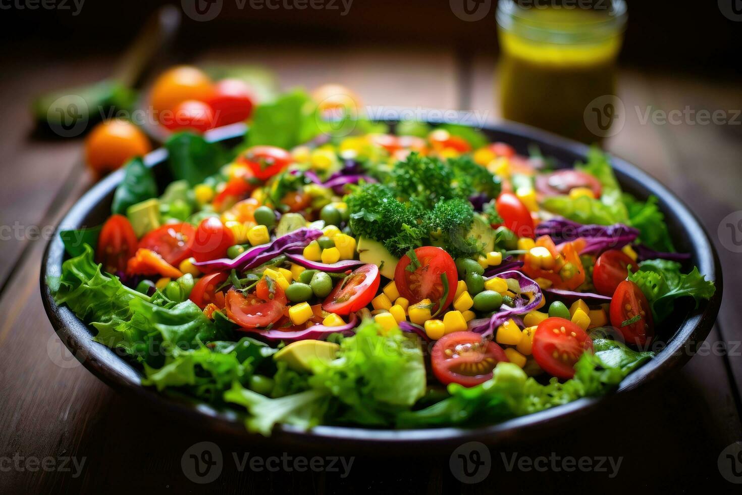 Healthy vegetable salad of fresh fruit, greenery, spinach, lettuce and sesame on plate. AI Generated photo
