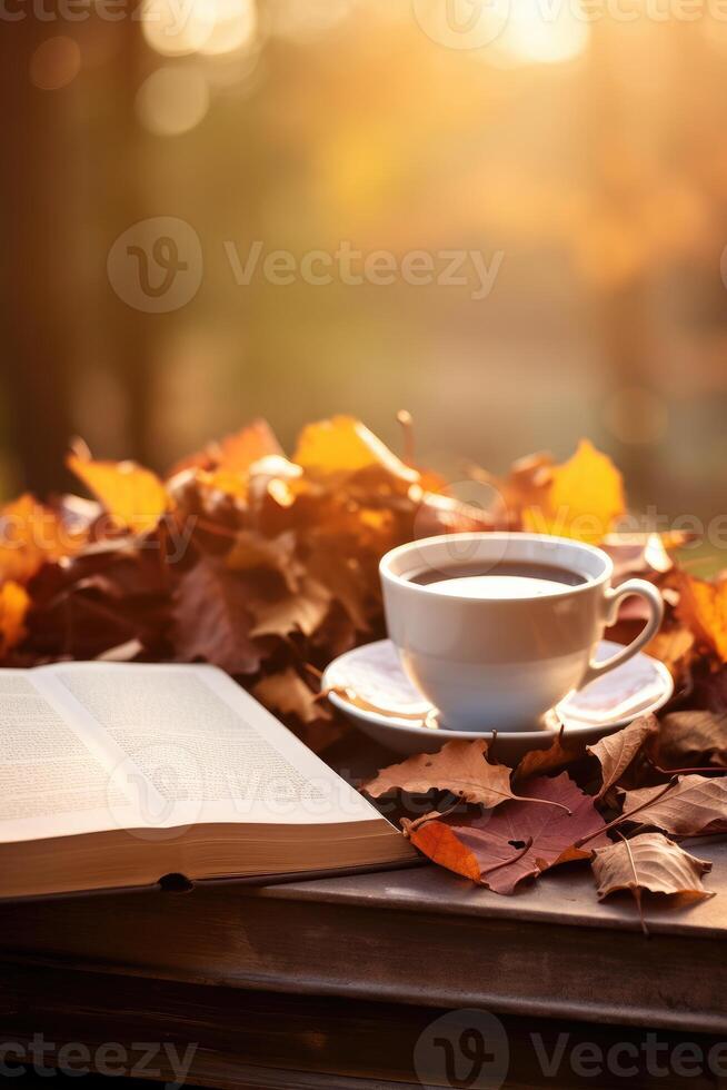 taza de negro té en pila de libros y otoño hojas , ai generado foto