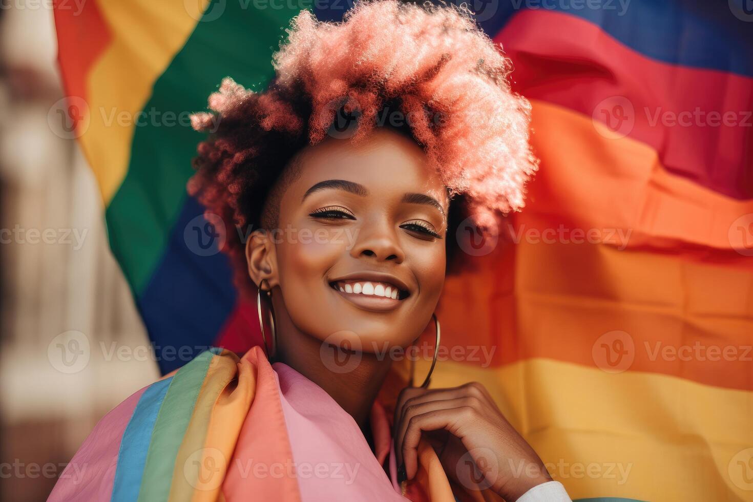 Portrait with rainbow flag, photo