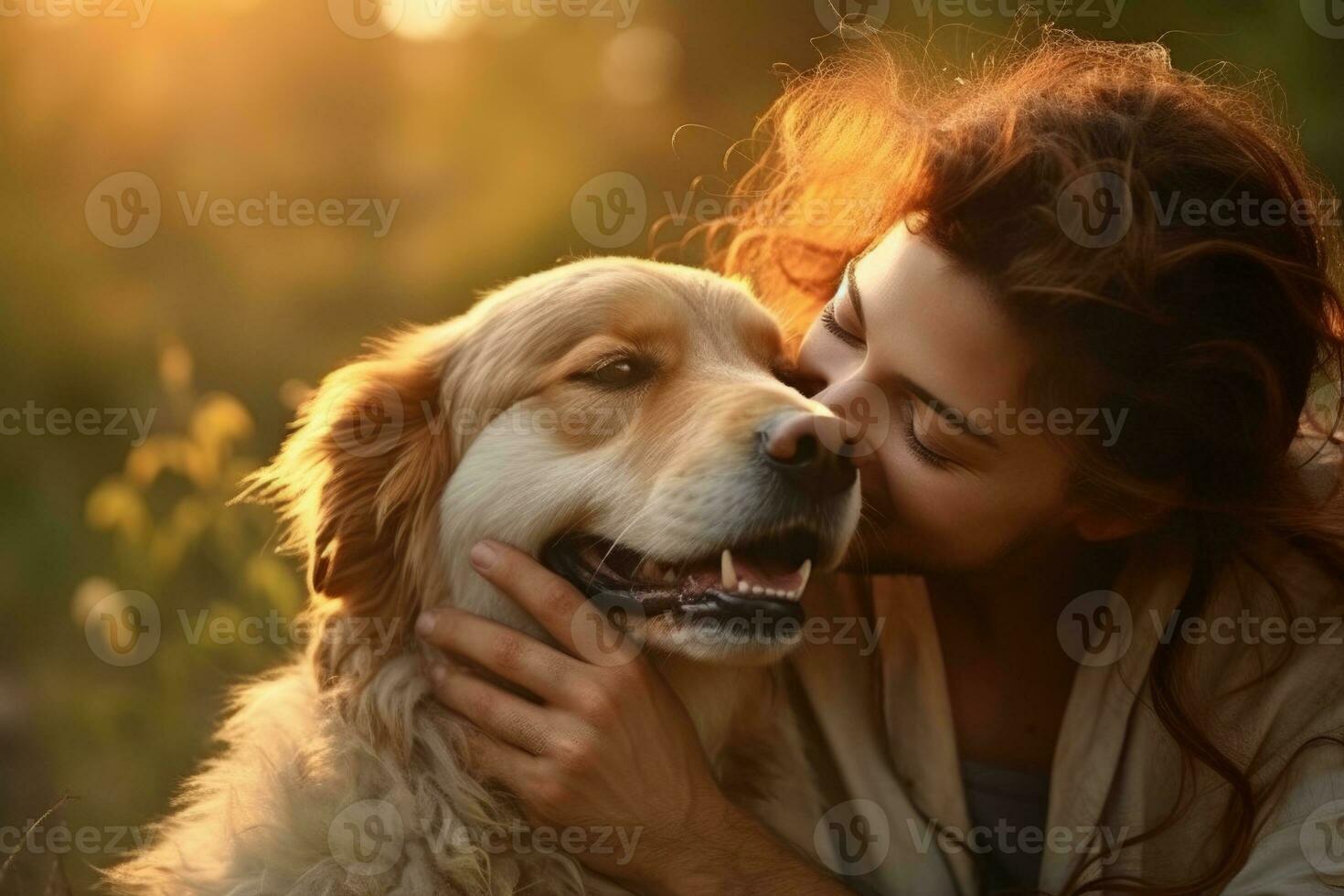 young adult woman holding her dog , outdoor autumn park, AI Generated photo