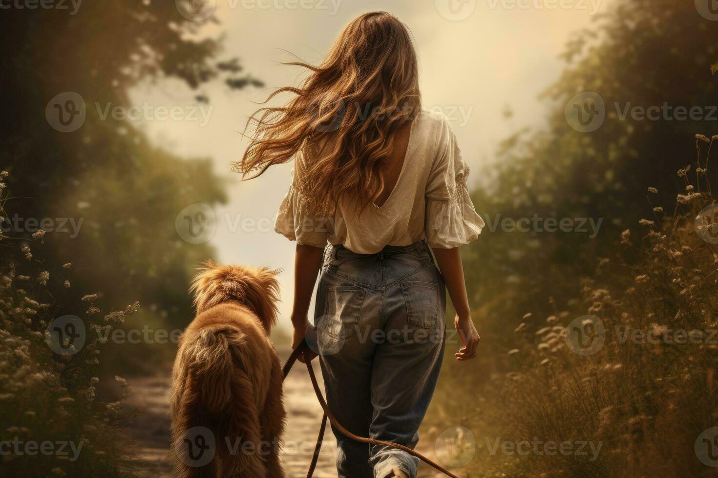 young woman walking her dog in the park in autumn day, AI Generated photo