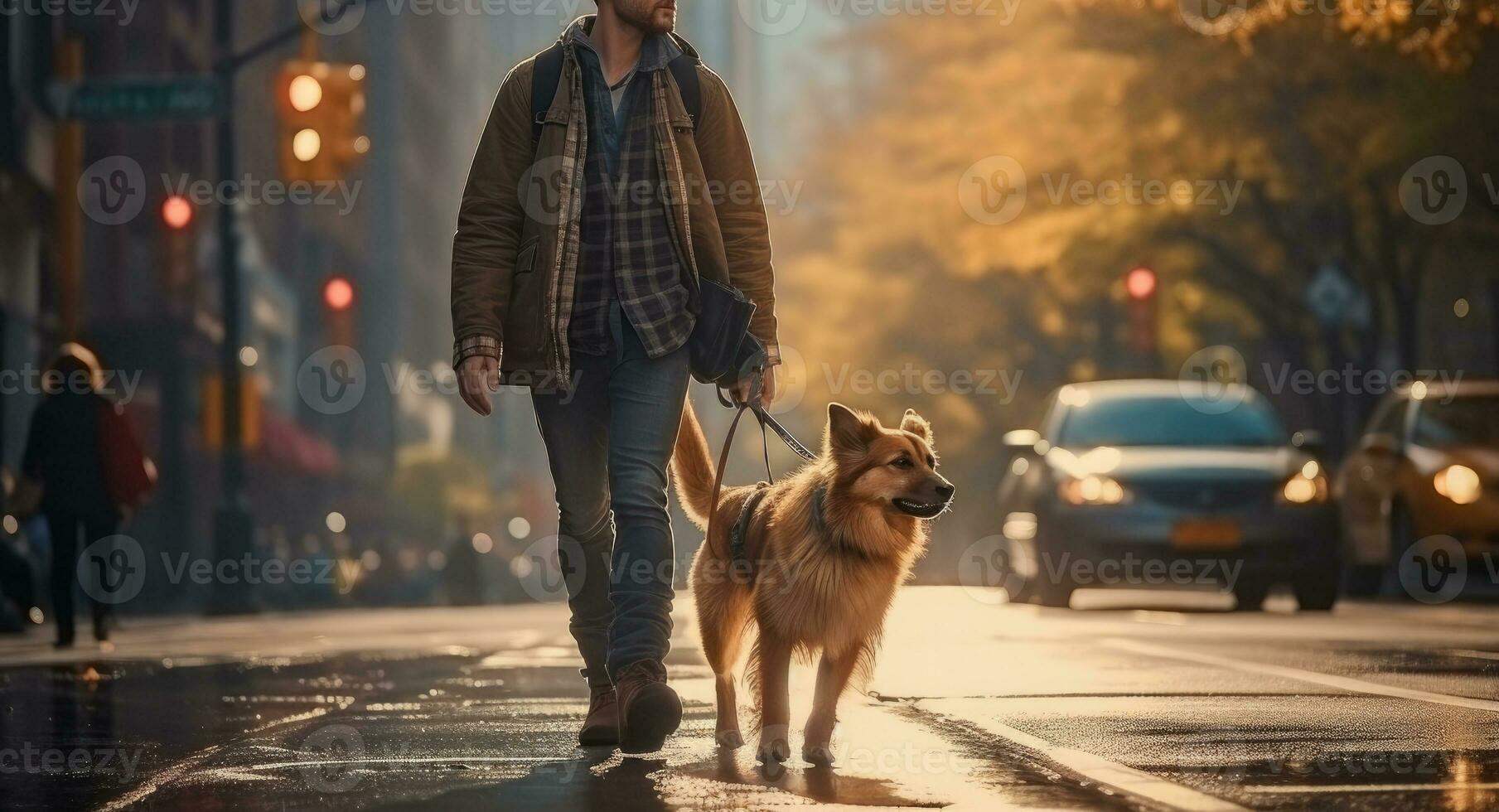 young man walking dog in the city in autumn day, AI Generated photo