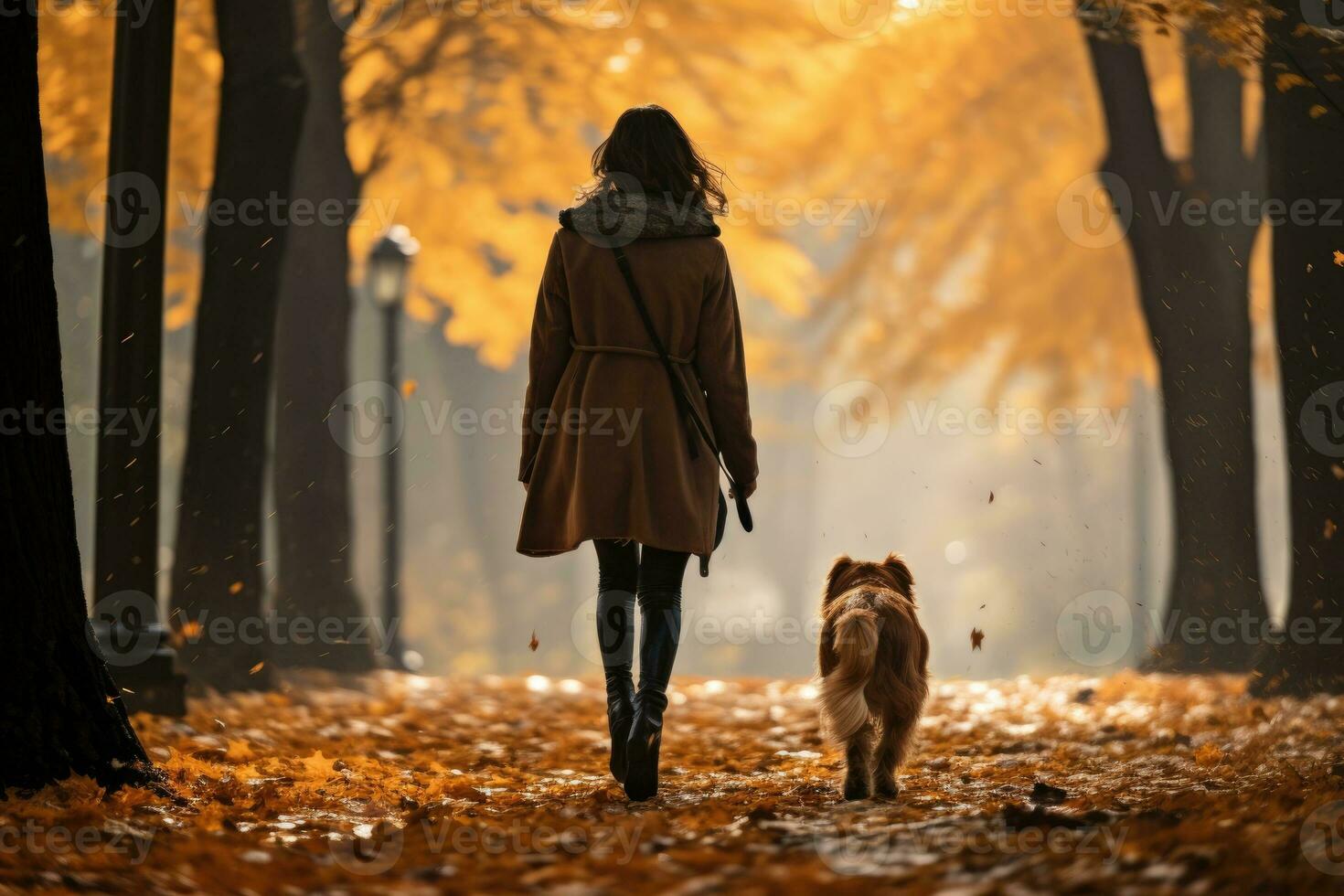 young woman walking her dog in the park in autumn day, AI Generated photo