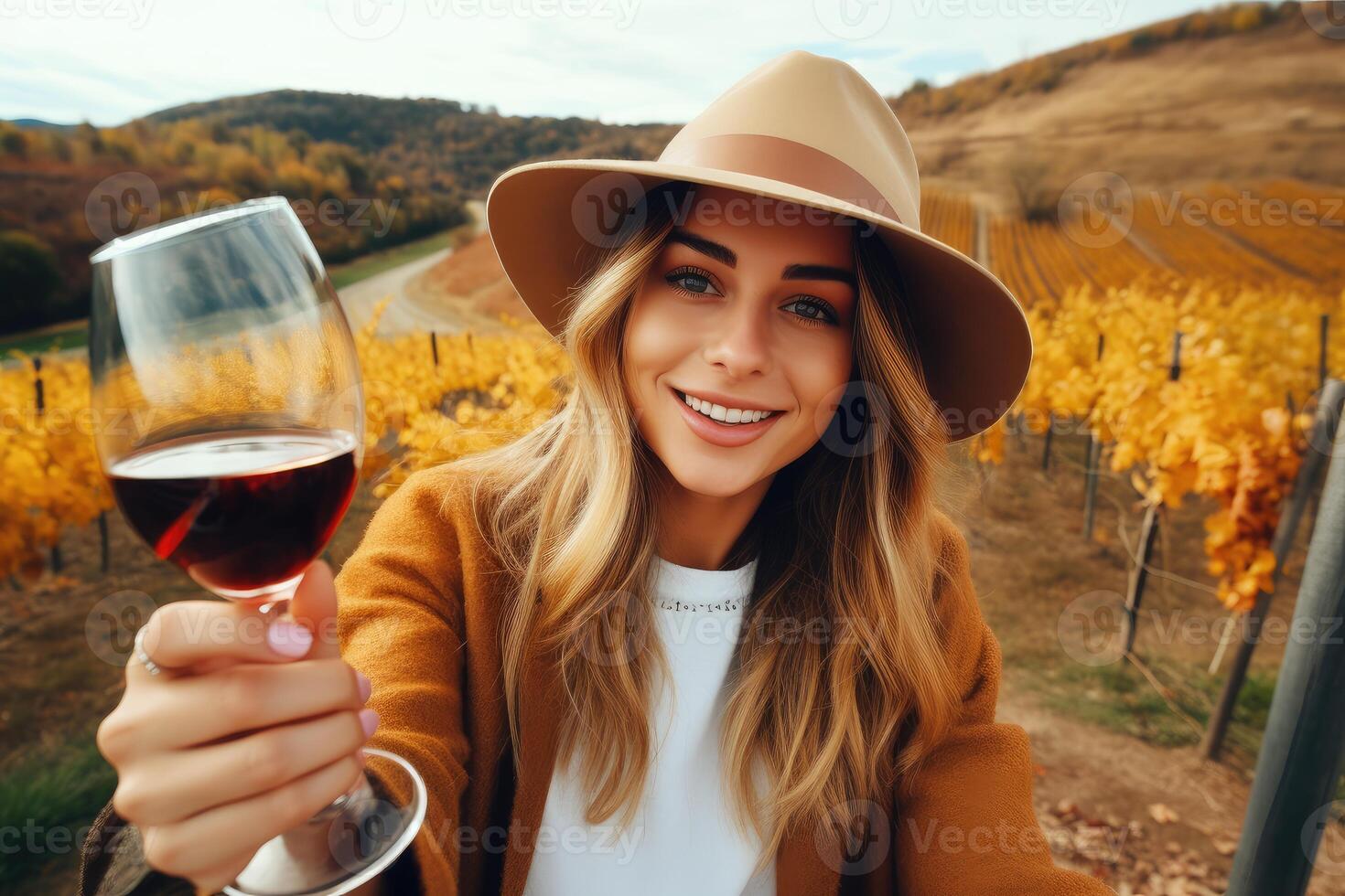 Caucasian woman drinking wine in vineyard , photo