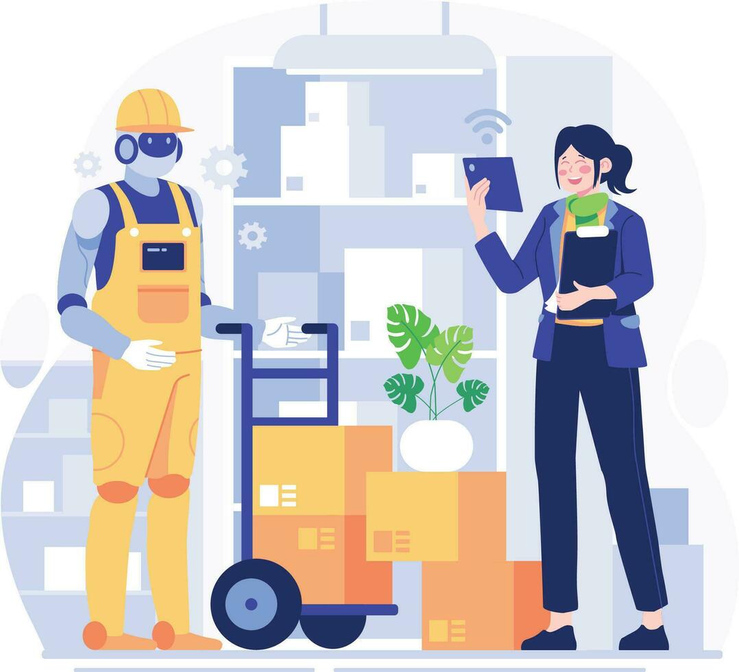 Warehouse worker and delivery man with boxes. Warehouse workers working on production line. Warehouse workers making cardboard boxes. Vector illustration