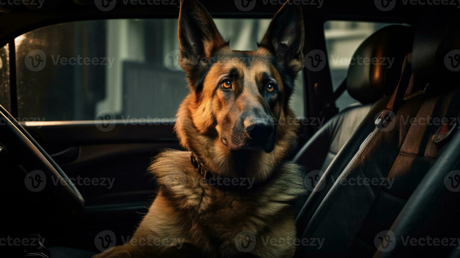 Cute dog sitting in the trunk of a car, AI Generated photo