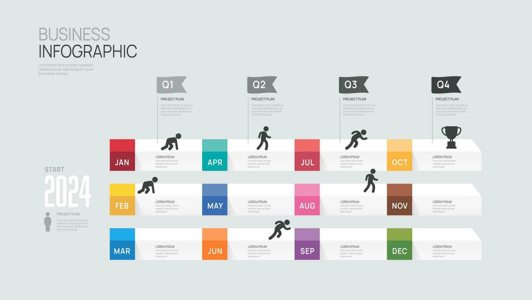 Infographic template for business. 2024 12 Month chart Timeline diagram, gantt progress steps milestone presentation vector. vector