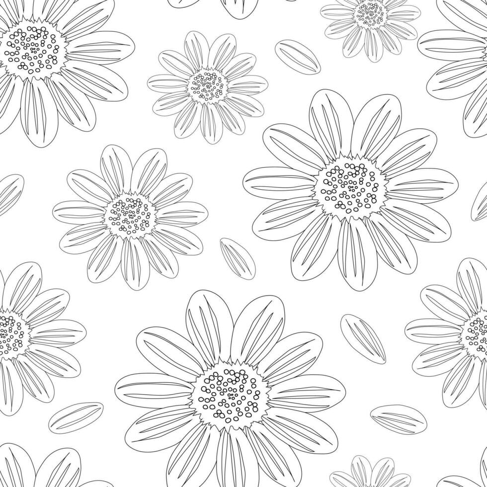 Large chamomile flowers on a white background create a seamless summer pattern for fashion textiles and coloring. Vector. vector