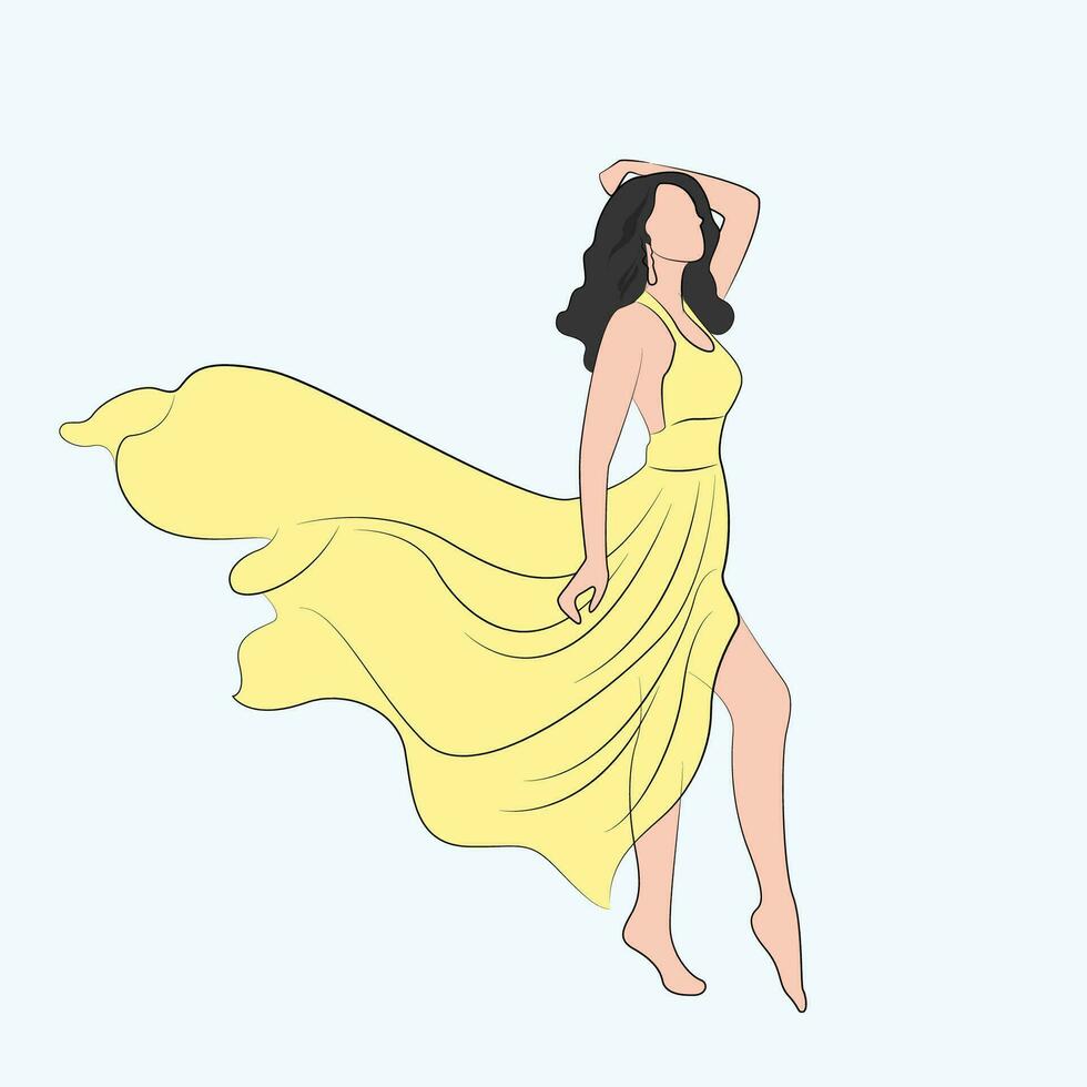 Beautiful girl with yellow dress vector line art vector illustration